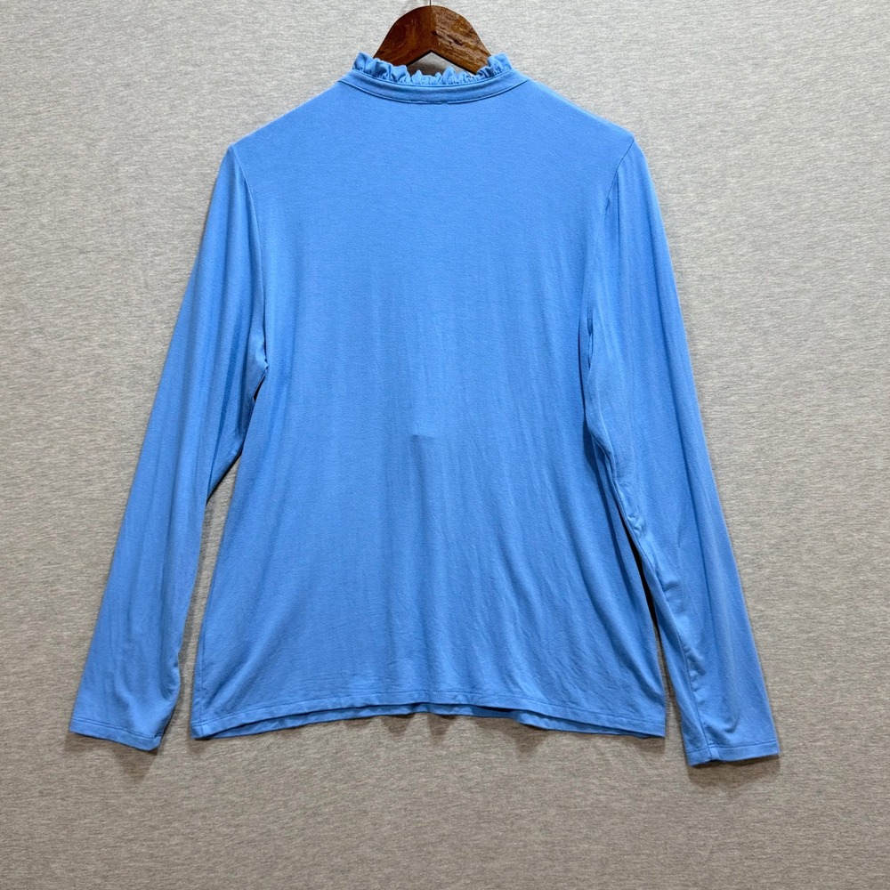 Talbots Ruffle Henley Top Womens Medium Blue Long Sleeve Stretch Knit Casual - Picture 2 of 8